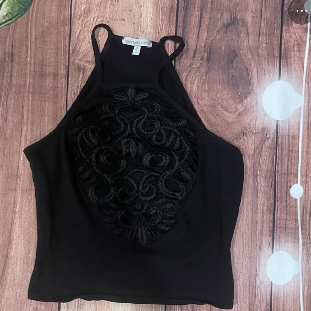 Black Flower Lace Halter Crop Top